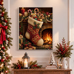 Finished festive christmas stocking pearl diamond painting artwork displayed as holiday home decor