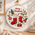 Festive christmas stockings embroidery hoop wall art displayed as warm and cozy handmade home decor