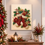Finished festive christmas stockings pearl diamond painting artwork displayed as holiday home decor