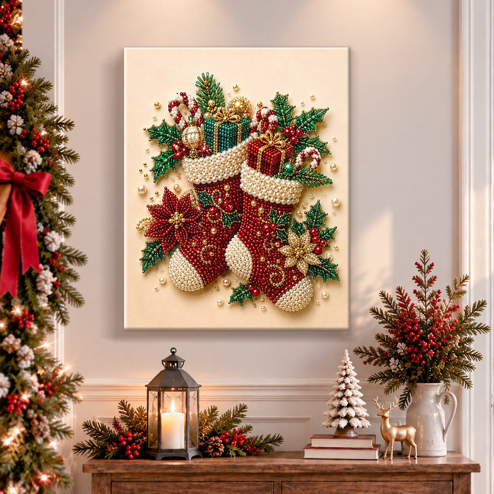 Finished festive christmas stockings pearl diamond painting artwork displayed as holiday home decor