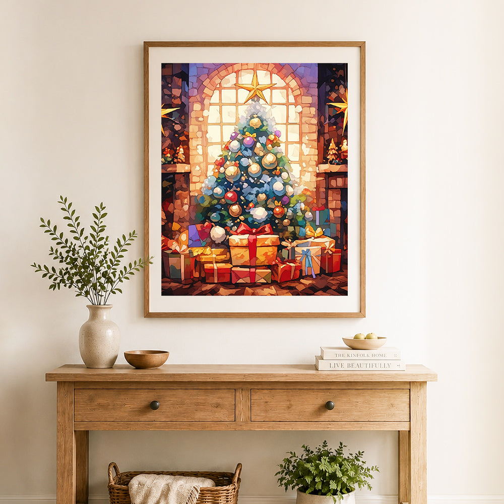 Finished festive christmas tree decor cross stitch artwork displayed as home decor