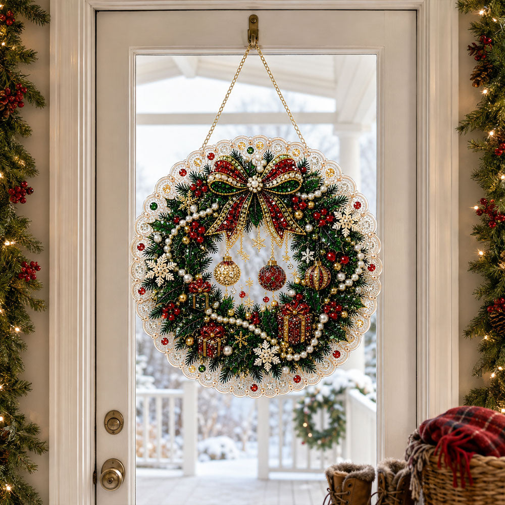 Finished festive christmas wreath glow pearl diamond painting artwork displayed as holiday home decor