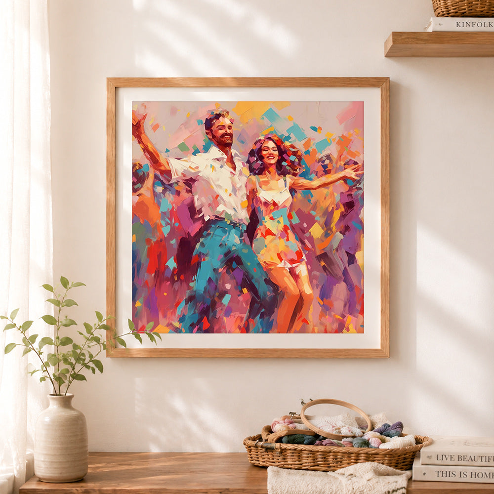 Finished festive couple party dance art cross stitch artwork displayed as home decor