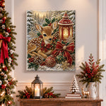 Finished festive fawn beside glowing lantern pearl diamond painting artwork displayed as holiday home decor