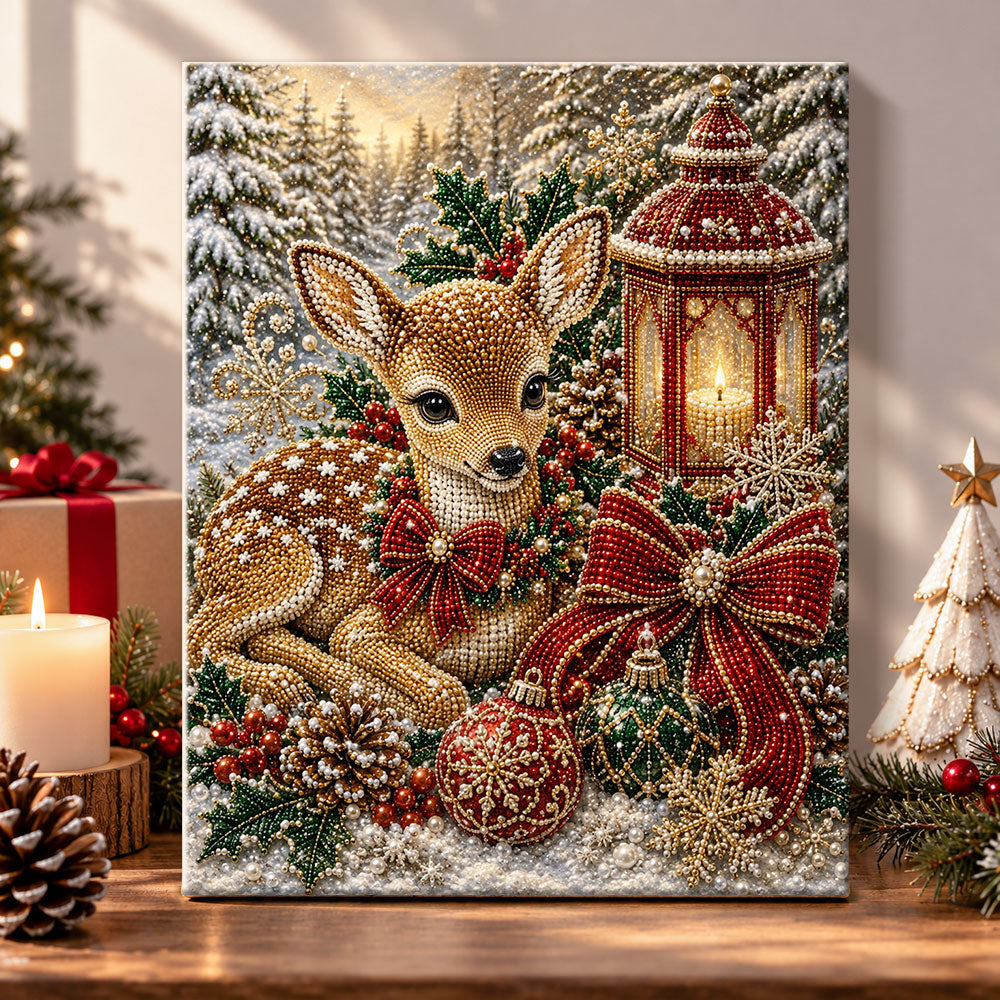 Festive fawn beside glowing lantern pearl diamond painting kit for beginners