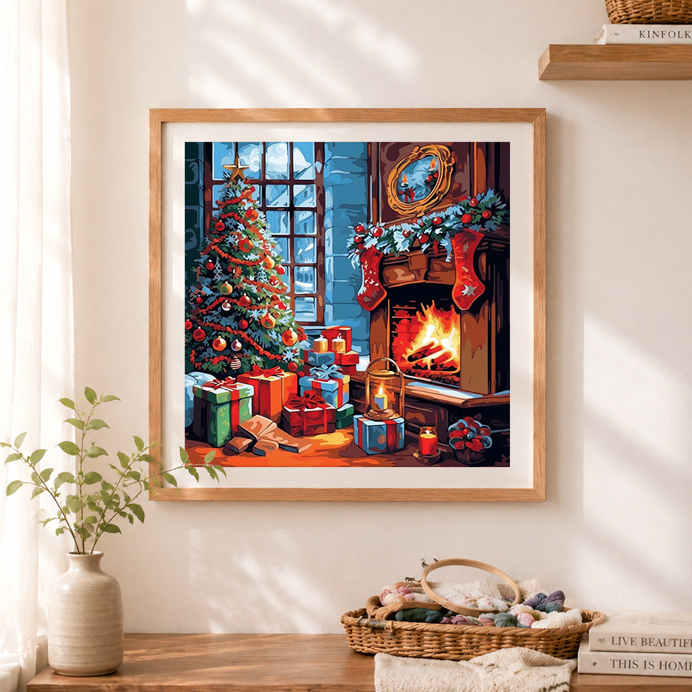 Finished festive fireplace and gifts cross stitch artwork displayed as home decor