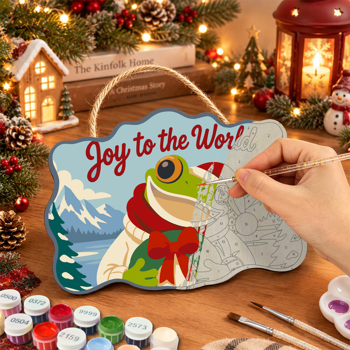 Festive frog greeting paint by numbers door hanger painting process