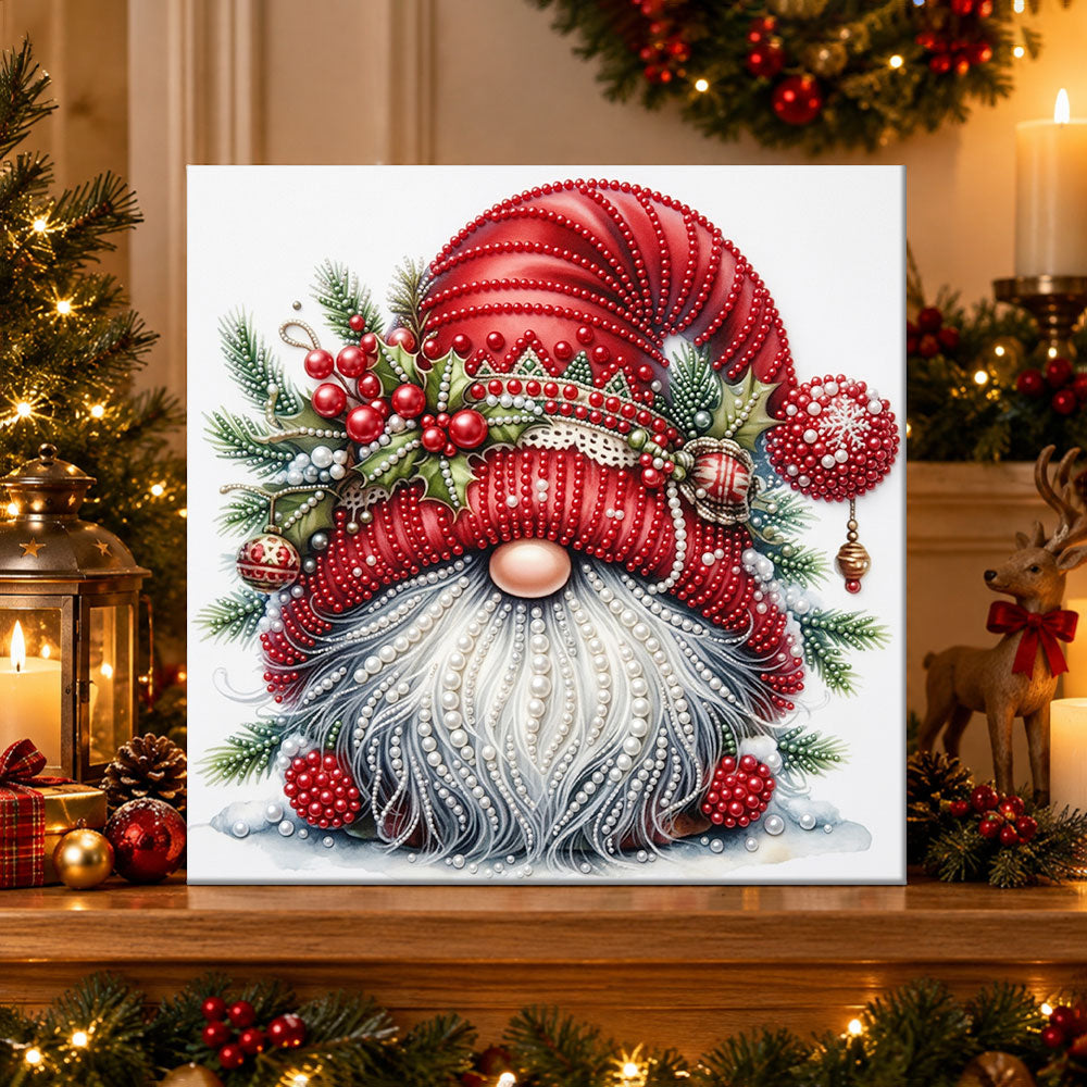 Finished festive gnome with holly berries pearl diamond painting artwork displayed as holiday home decor