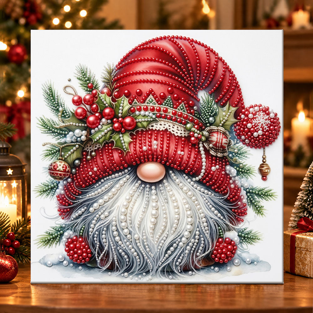 Festive gnome with holly berries pearl diamond painting kit for beginners