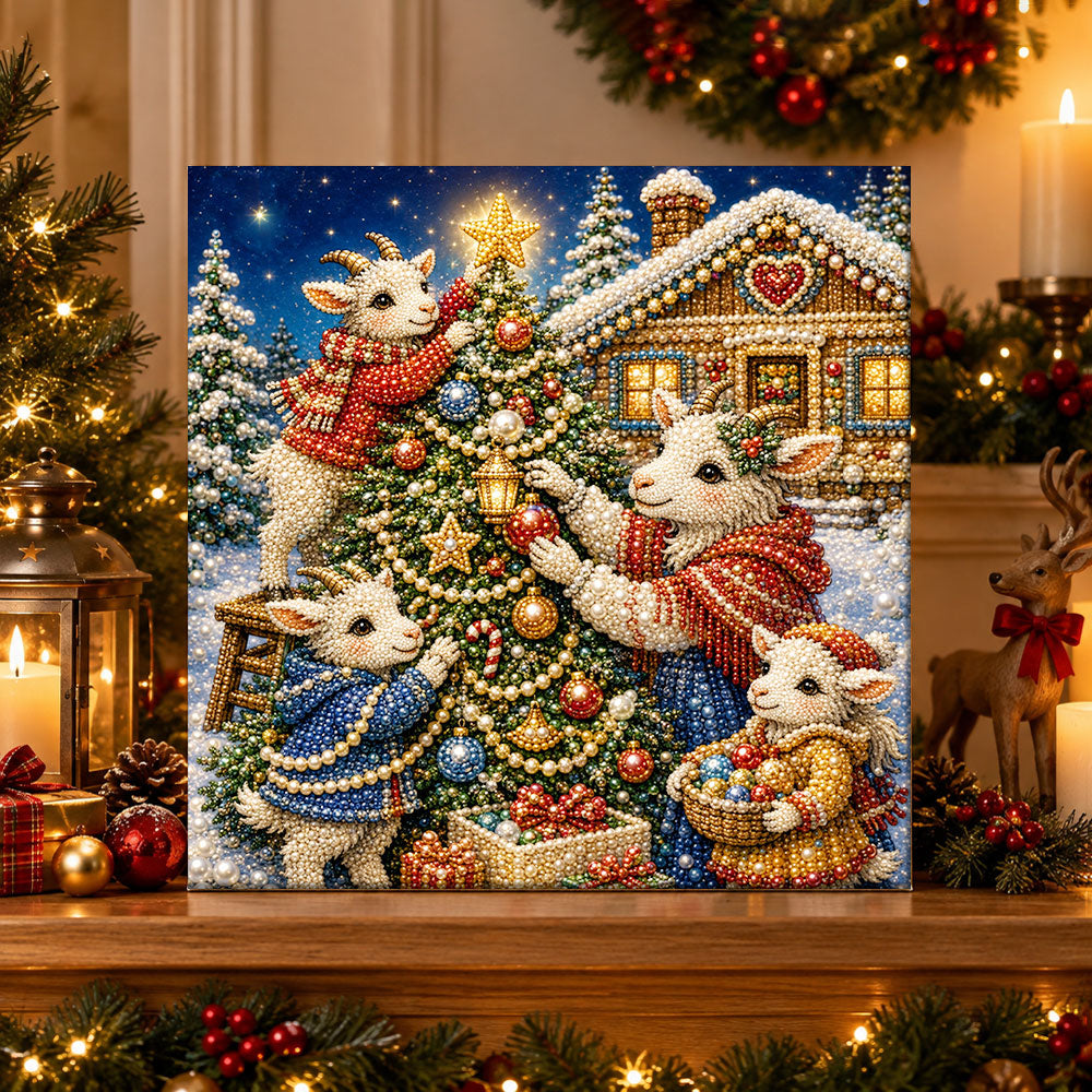 Finished festive goat family decorating tree pearl diamond painting artwork displayed as holiday home decor