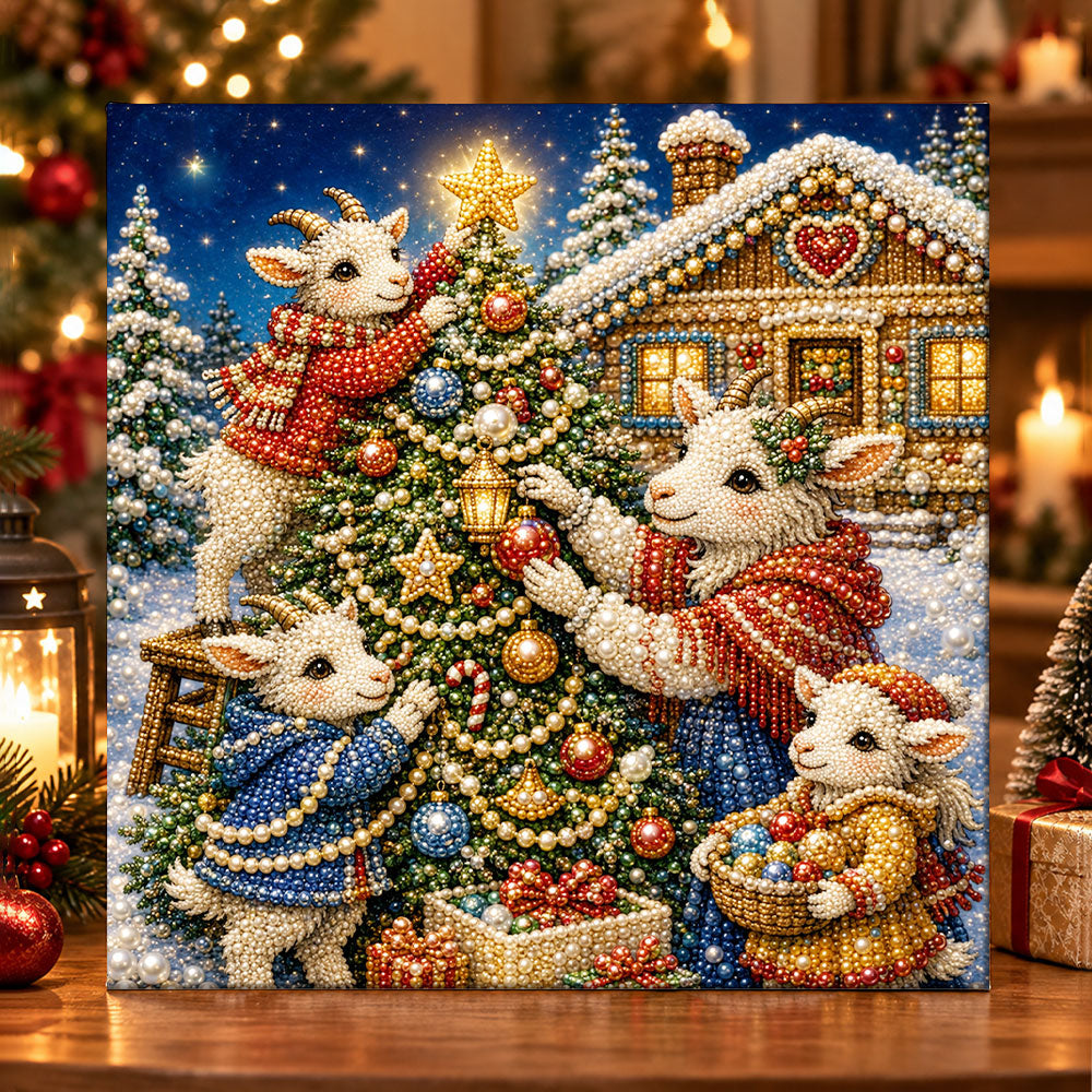 Festive goat family decorating tree pearl diamond painting kit for beginners