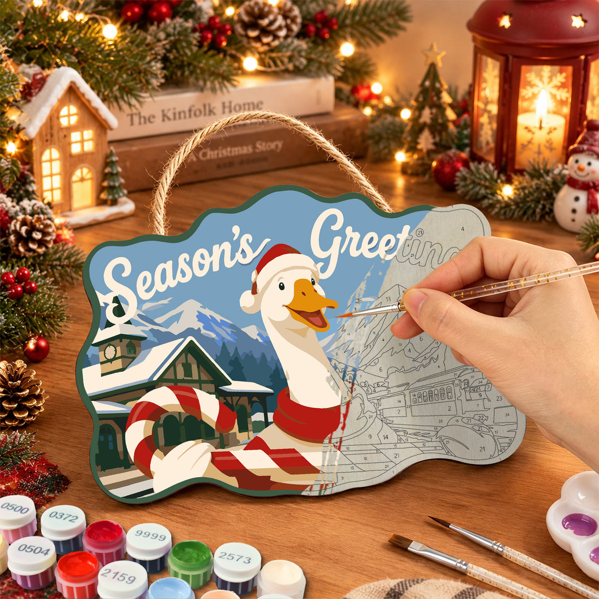 Festive goose with candy cane paint by numbers door hanger painting process