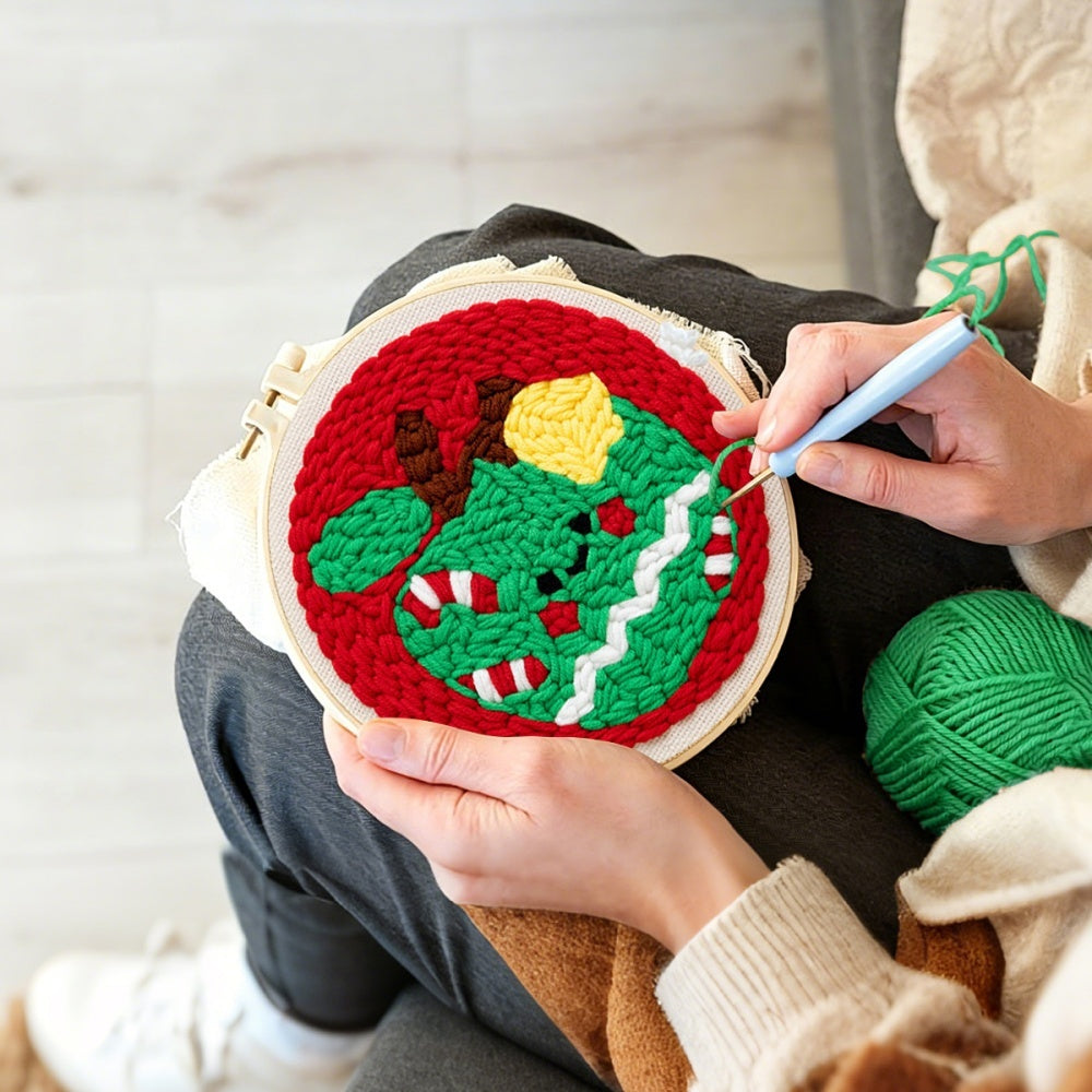 Creating handmade festive green apple unch needle artwork