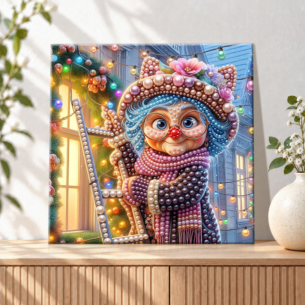 Finished festive holiday granny pearl diamond painting artwork displayed as holiday home decor