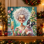 Finished festive lady with french bulldog pearl diamond painting artwork displayed as holiday home decor