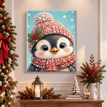 Finished festive little penguin pearl diamond painting artwork displayed as holiday home decor