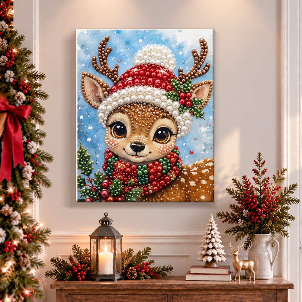 Finished festive little reindeer pearl diamond painting artwork displayed as holiday home decor