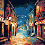 Festive night european town street cross stitch kit for beginners