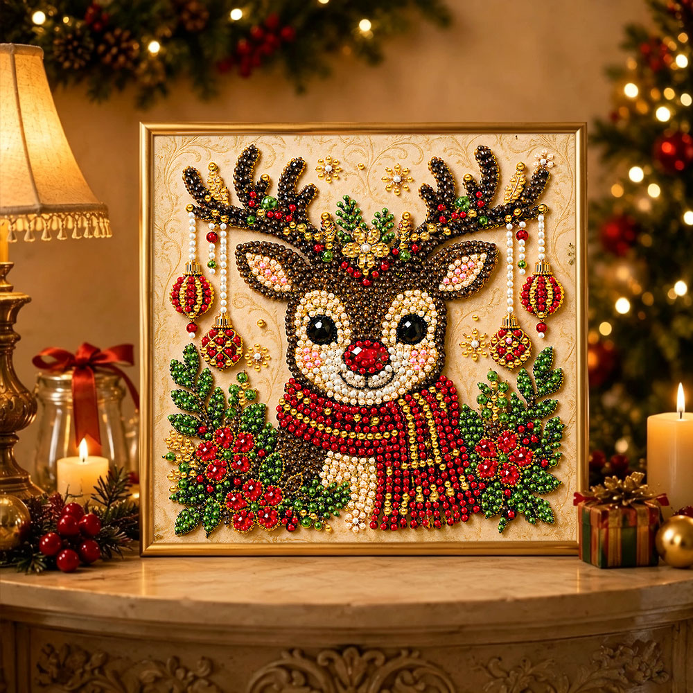Finished festive ornament reindeer pearl diamond painting artwork displayed as holiday home decor