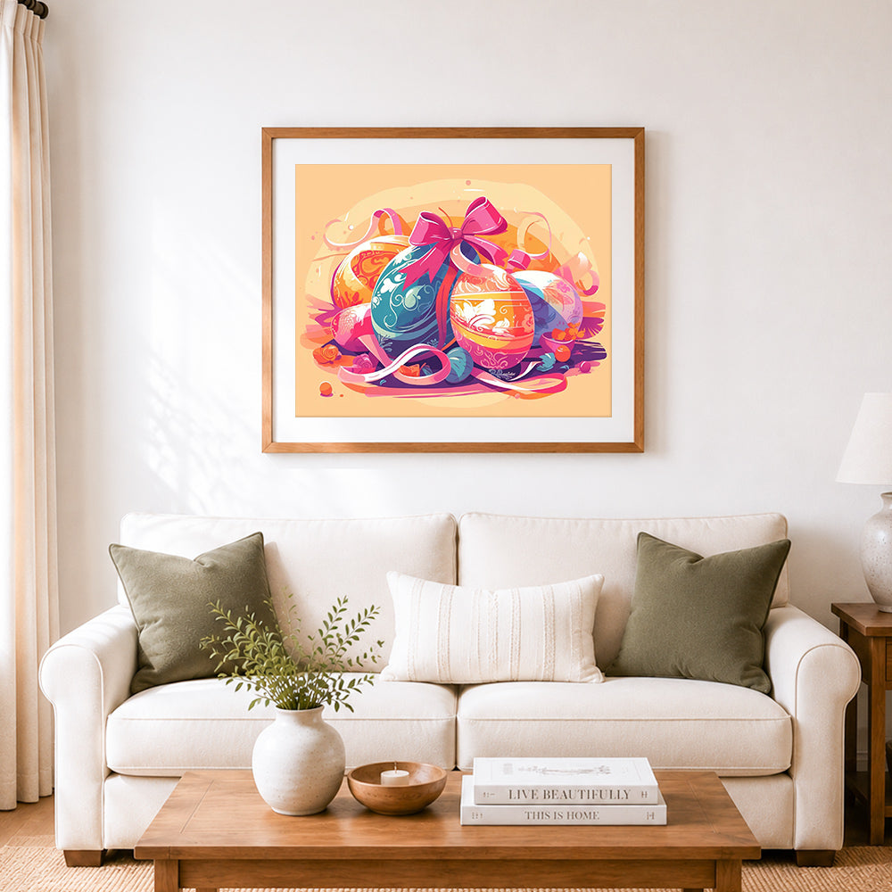Finished festive painted easter eggs cross stitch artwork displayed as home decor