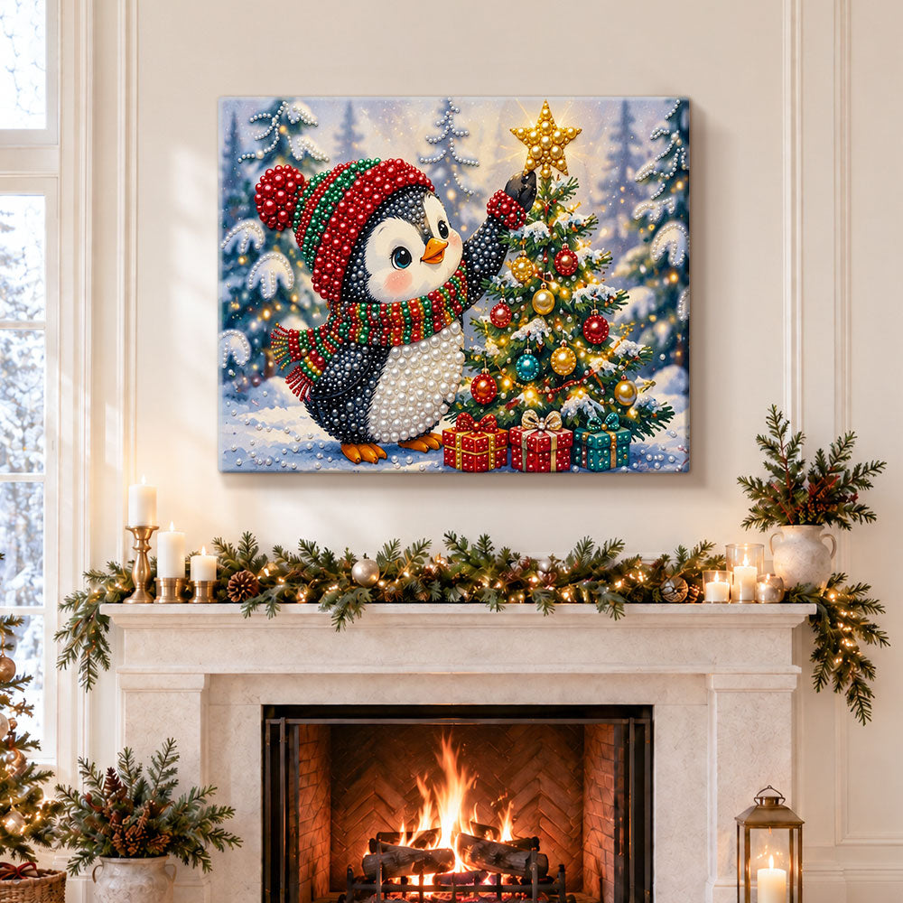 Finished festive penguin sprucing up christmas tree pearl diamond painting artwork displayed as holiday home decor