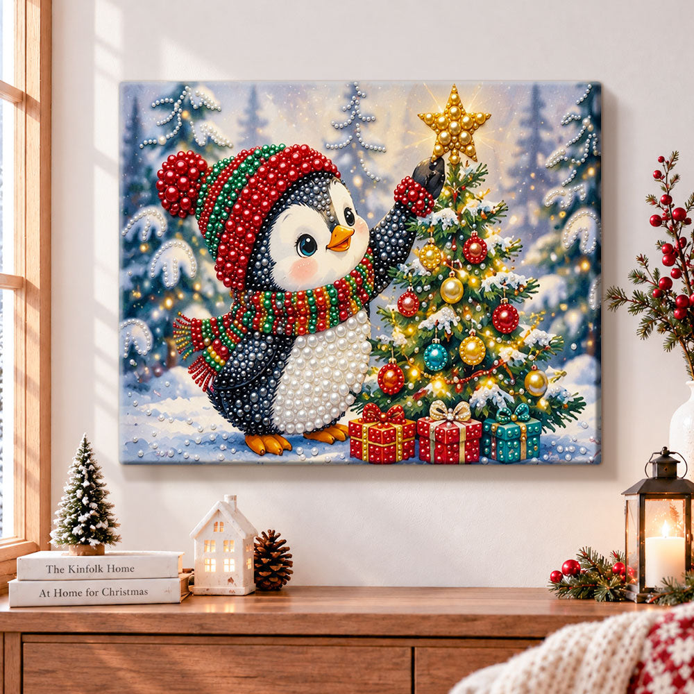 Festive penguin sprucing up christmas tree pearl diamond painting kit for beginners