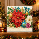 Finished festive poinsettia arrangement pearl diamond painting artwork displayed as holiday home decor