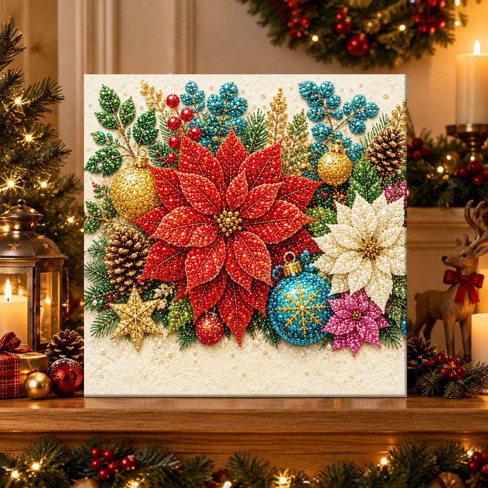Finished festive poinsettia arrangement pearl diamond painting artwork displayed as holiday home decor