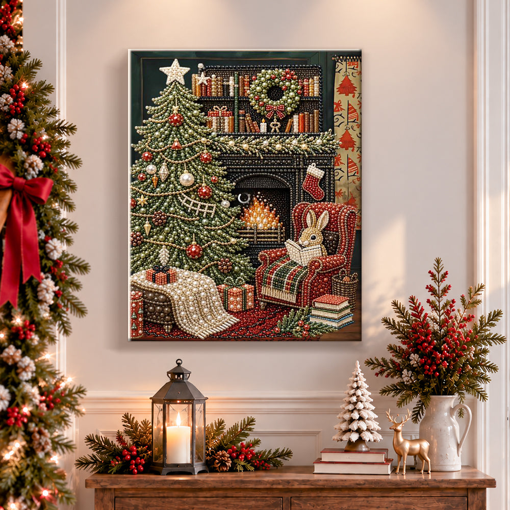 Finished festive reading bunny at home pearl diamond painting artwork displayed as holiday home decor
