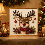 Finished festive reindeer with holiday decorations pearl diamond painting artwork displayed as holiday home decor