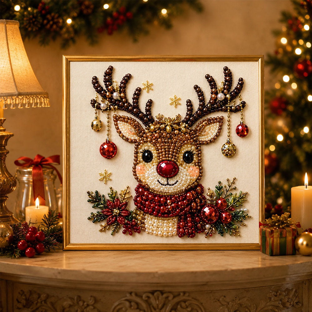 Finished festive reindeer with holiday decorations pearl diamond painting artwork displayed as holiday home decor