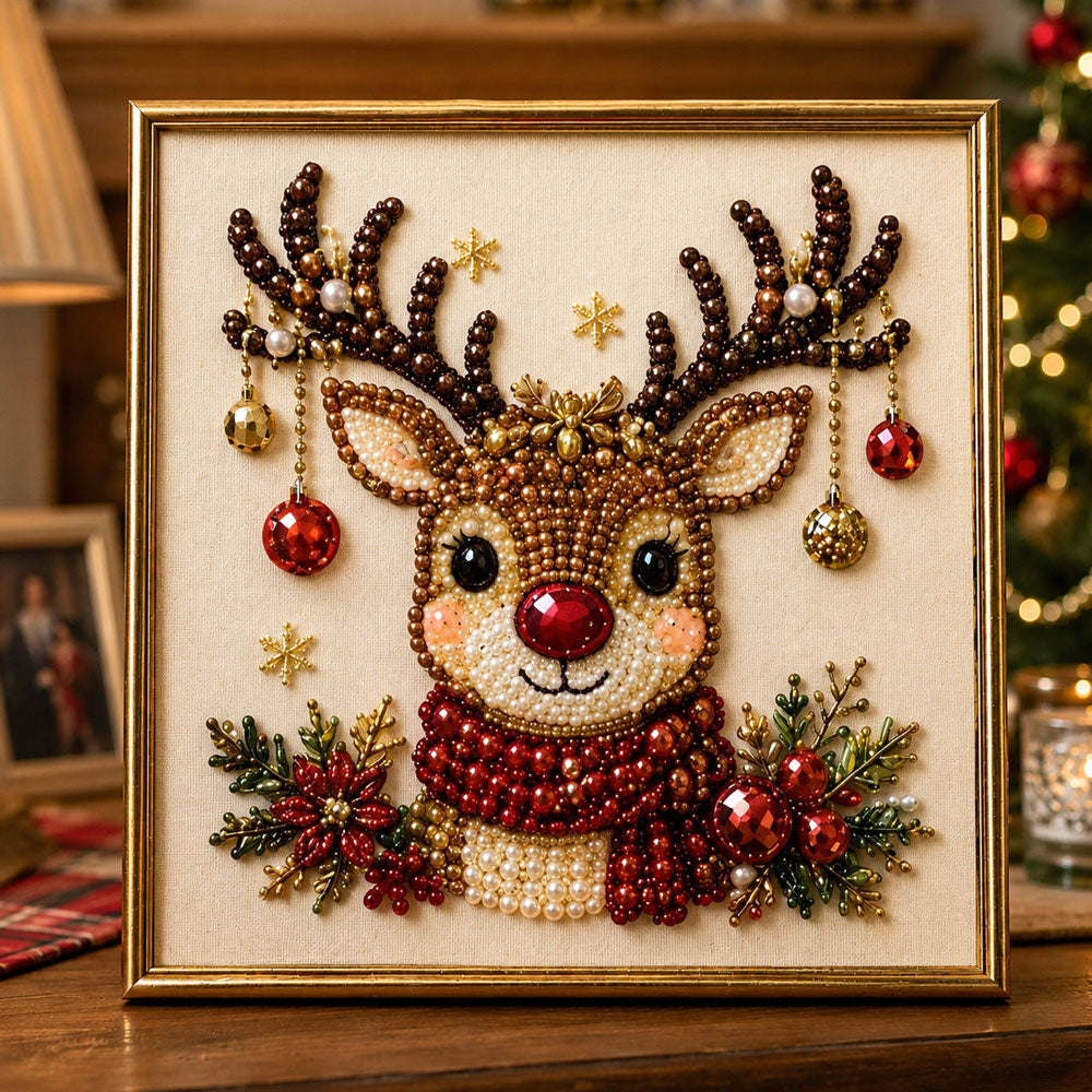 Festive reindeer with holiday decorations pearl diamond painting kit for beginners