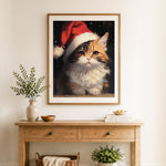 Finished festive santa cat cross stitch artwork displayed as home decor