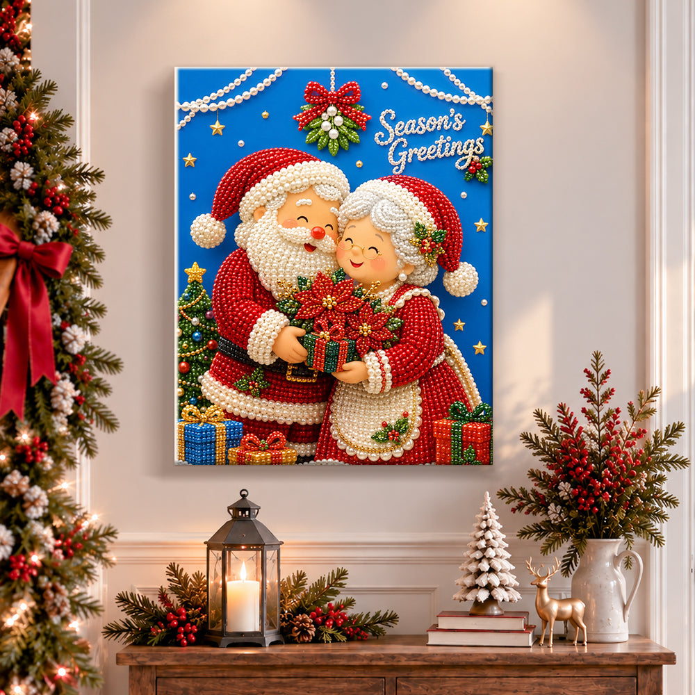 Finished festive santa couple pearl diamond painting artwork displayed as holiday home decor