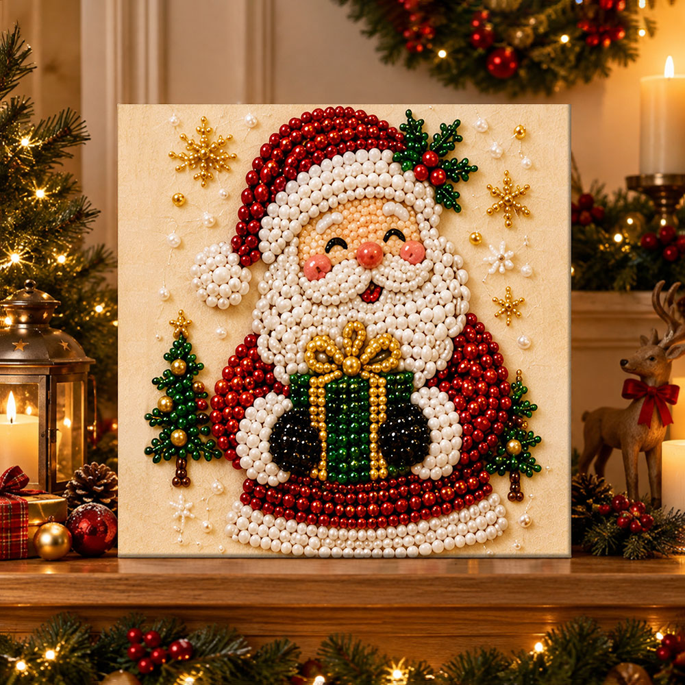 Finished festive santa portrait pearl diamond painting artwork displayed as holiday home decor
