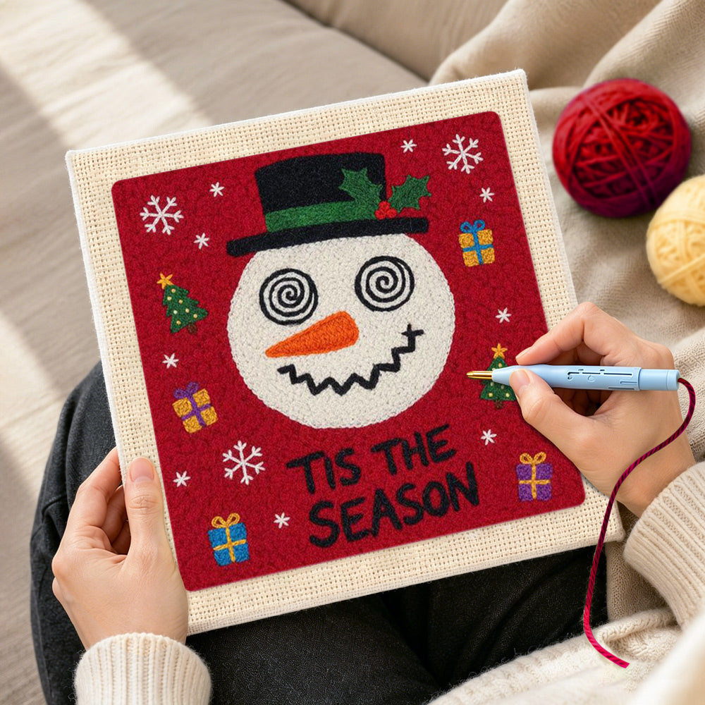Creating handmade festive snowman with gifts punch needle artwork