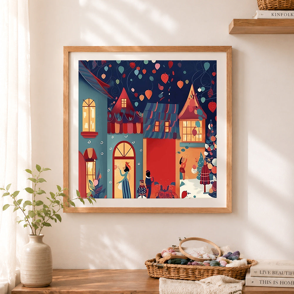 Finished festive town cross stitch artwork displayed as home decor