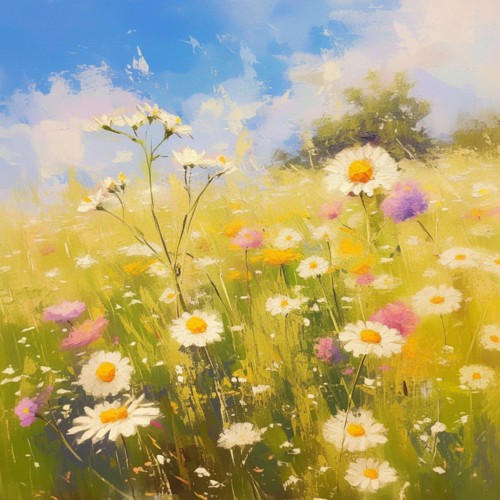 Field of white daisies under blue sky cross stitch kit for beginners