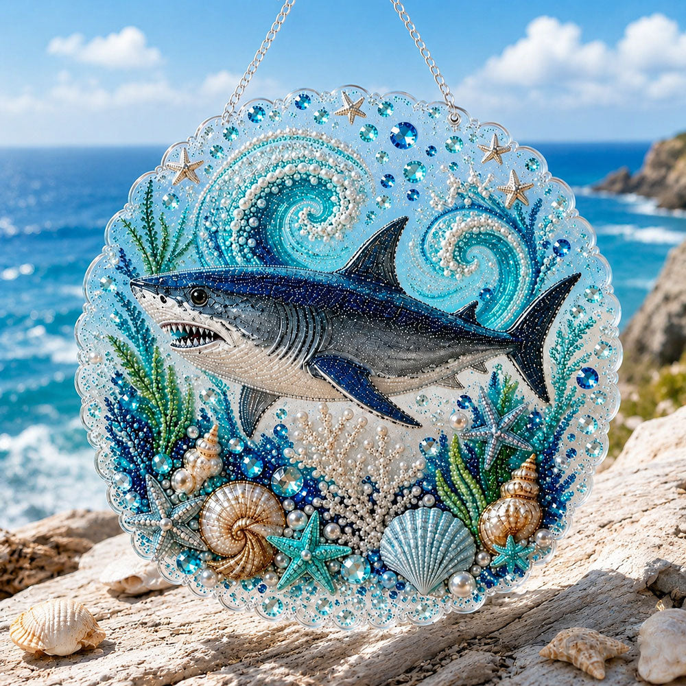 Finished fierce shark pearl diamond painting artwork displayed as home decor