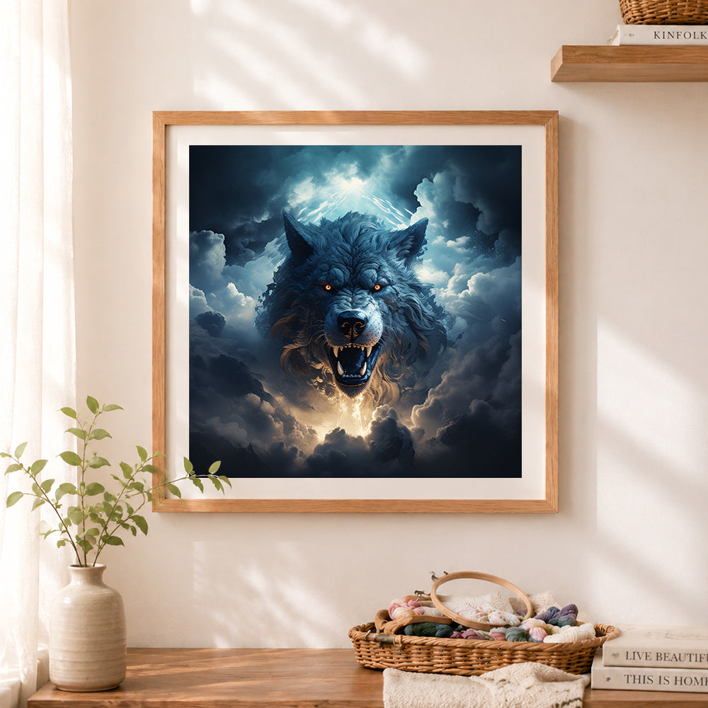 Finished fierce storm wolf cross stitch artwork displayed as home decor