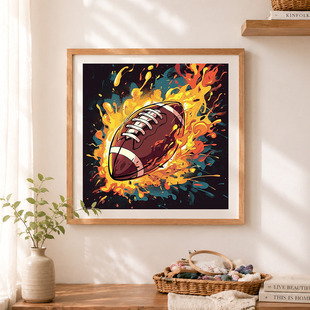 Finished fiery american football splash cross stitch artwork displayed as home decor