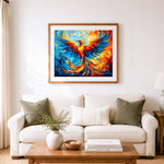 Finished fiery‑feathered brilliant phoenix cross stitch artwork displayed as home decor