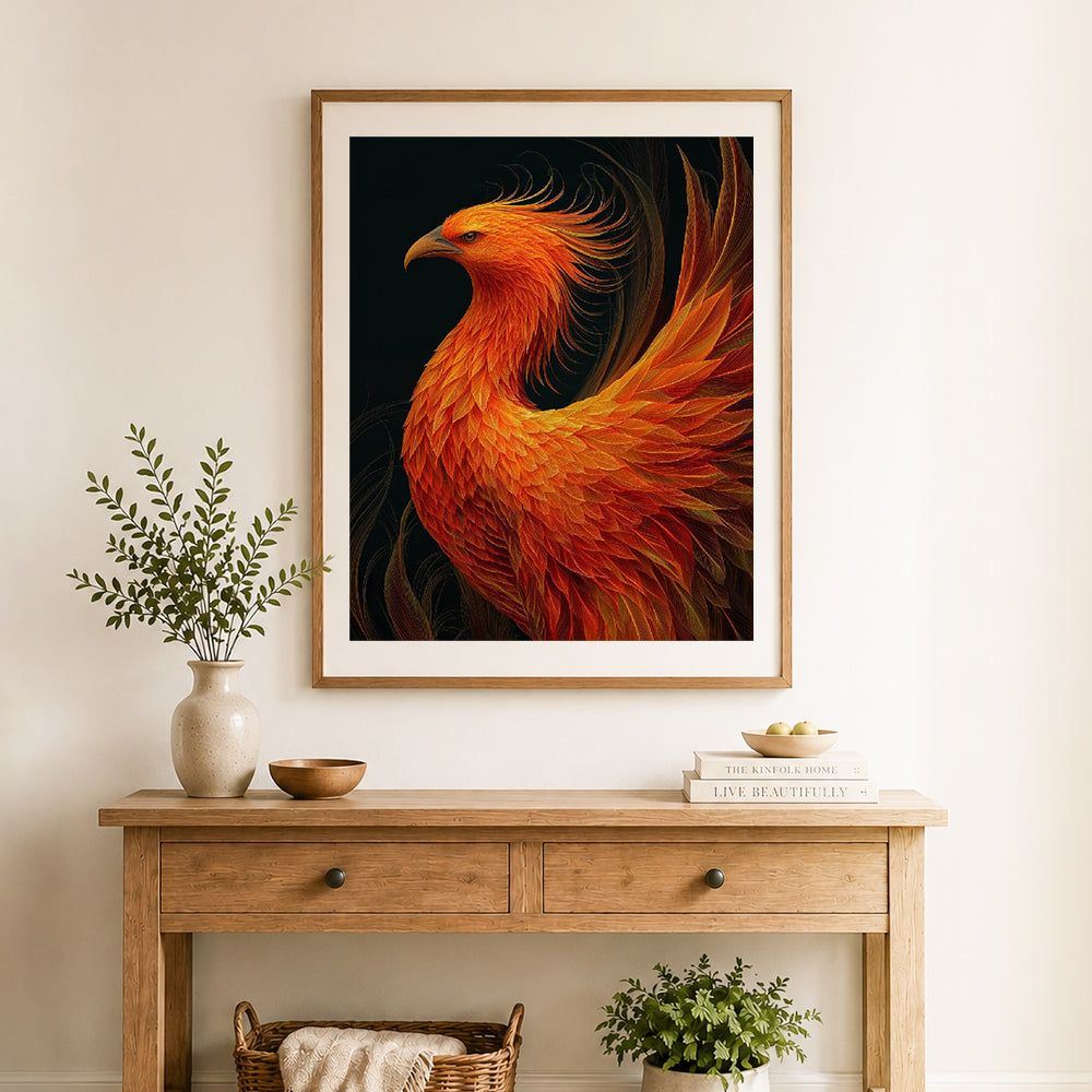 Finished fiery phoenix artwork cross stitch artwork displayed as home decor