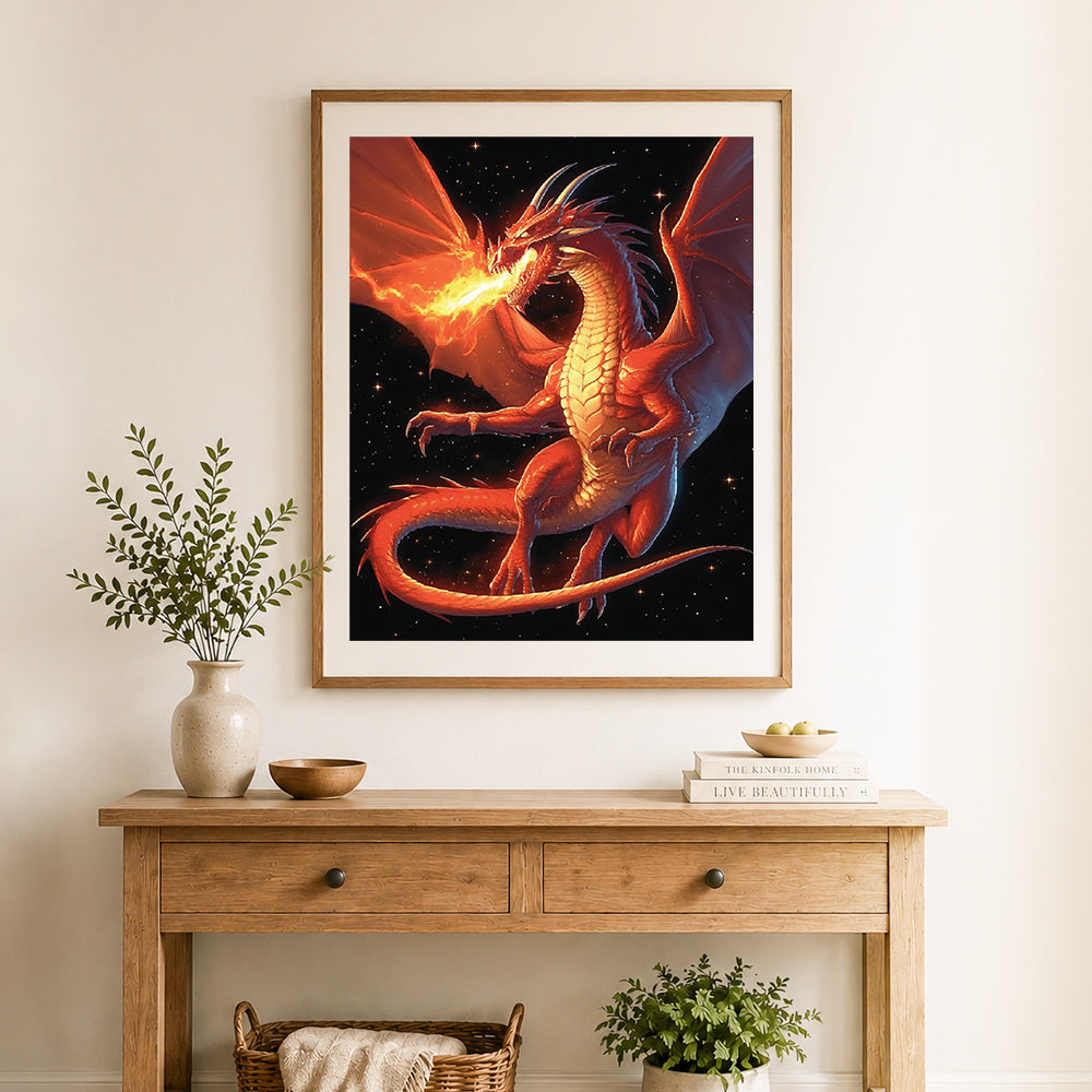 Finished fiery red dragon cross stitch artwork displayed as home decor
