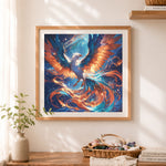 Finished fiery starry phoenix cross stitch artwork displayed as home decor