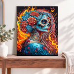 Finished fiery sugar skull pearl diamond painting artwork displayed as home decor