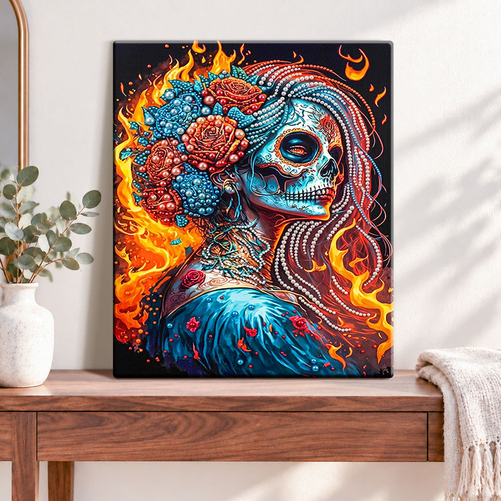 Finished fiery sugar skull pearl diamond painting artwork displayed as home decor