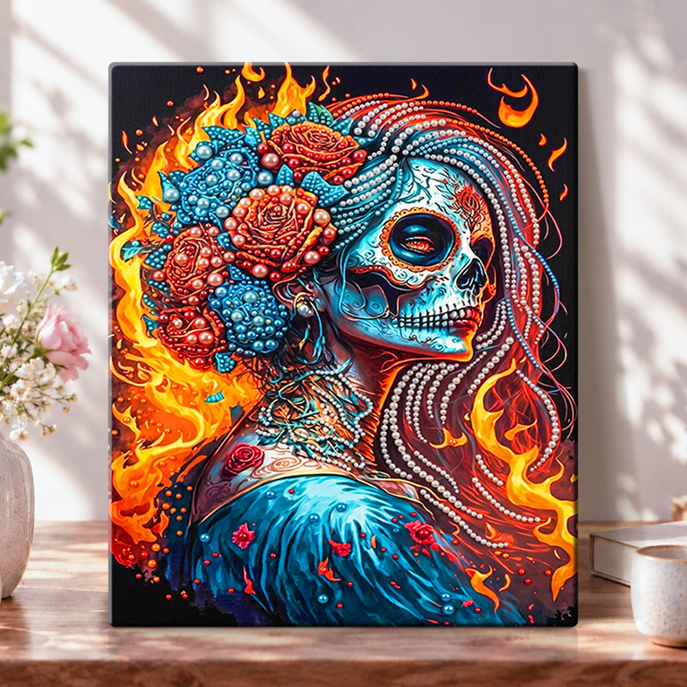 Fiery sugar skull pearl diamond painting kit for beginners