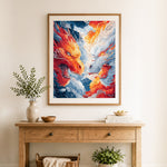 Finished fire and ice dragon duel cross stitch artwork displayed as home decor