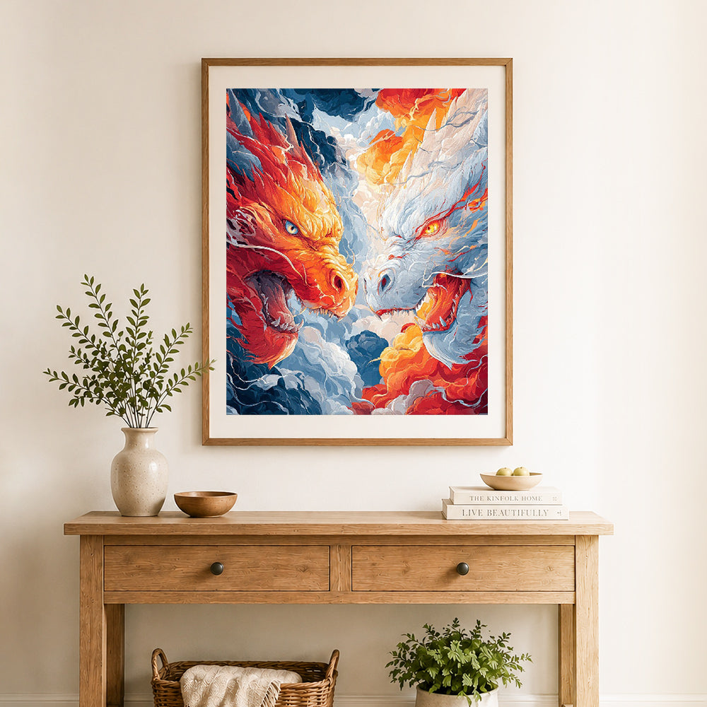 Finished fire and ice dragon duel cross stitch artwork displayed as home decor